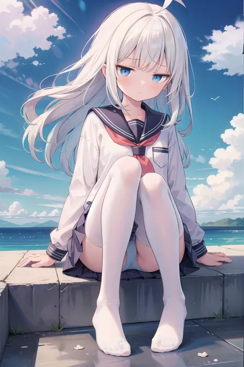 (masterpiece, best quality), a girl, solo, skirt, sky, sitting, serafuku, cloud, outdoors, neckerchief, day, shirt, ahoge, rooftop, long hair, white pantyhose,white hair, white school uniform, white sailor collar, blue eyes, sailor collar, white skirt, whi...