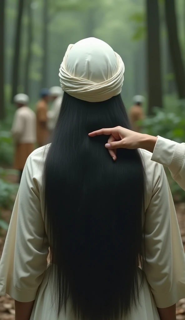 (photorealism:1.2), Create a picture of a person seen from behind, focusing on the back of his head covered by a white turban. The person has long black hair under the turban, and the other person touches the hair with the index finger of the person with t...