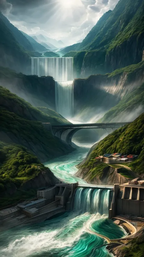 A massive hydroelectric dam, flowing river, open floodgates, dramatic cascading water, lush green nature surroundings, epic landscape, dramatic lighting, cinematic composition, photorealistic, 8k, hyper detailed, volumetric lighting, dynamic water simulati...