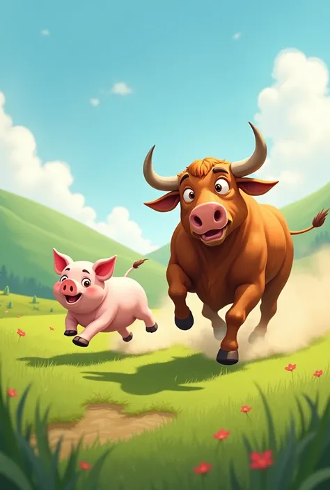 Now generate a funny image of the ox and the pig racing