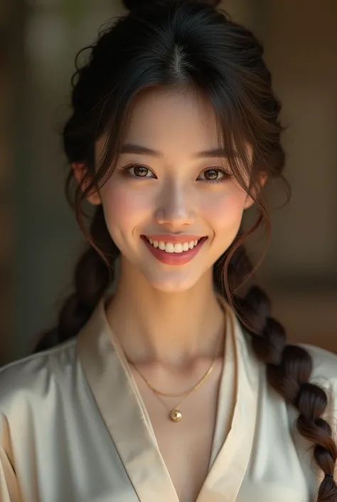 Photorealistic, young Asian woman, long brunette hair tied loosely in pigtails, brightly smiling, wearing only a silk bath robe