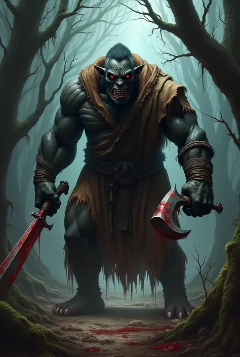 A black goat orc with a completely black body，Both eyes scarlet，Wearing a brown robe，In the right hand is a bloody scimitar，Hook in left hand，Staring at you in the darkness of the forest...