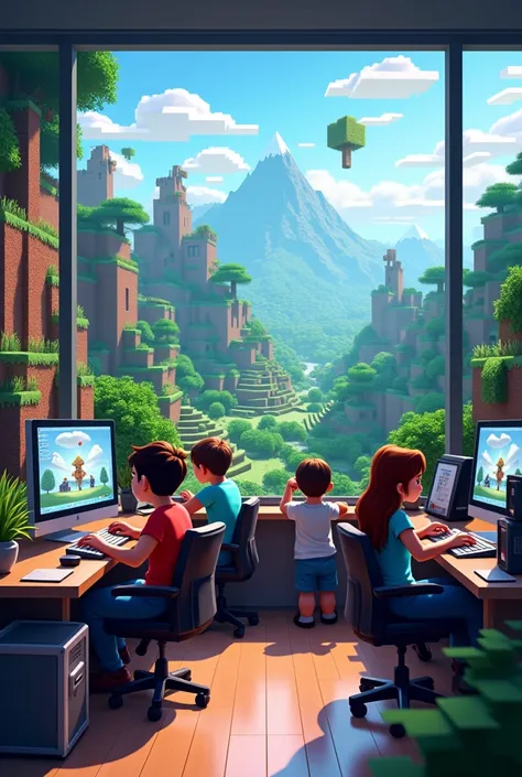 Make a Minecraft background, where people are playing with computers 