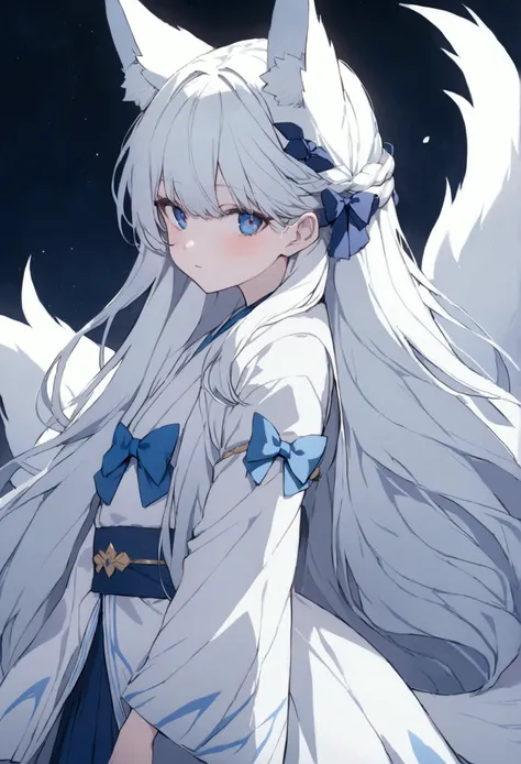 A girl with a white long hair with blue bows in, wear a blue short kimono have white kitsune ears and white kitsune tail have a blue eyes