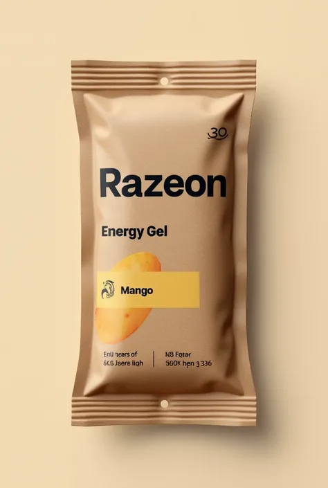 can you add label using black fonts to my 5cm width x 30cm height brown kraft paper 3-sides heat sealed packaging thin strip. The label should include brand name “RazeOn”, product name “Energy Gel”, flavor “Mango” and net weight “30 grams”. So there should...