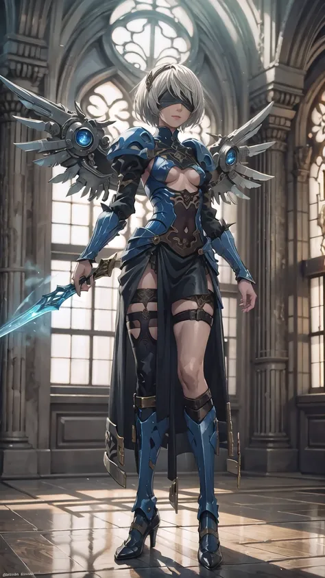 Make a kitbash of Lenneth from Valkyrie profile and 2B from Nier: Automata, combine 2B and Lenneth, solo, 1girl, BREAK: ((bright sapphire blue mech4rmor)), (small boob window:1.3), thigh cutout, long skirt, (blindfold:1.27), wings, BREAK: standing contrapp...