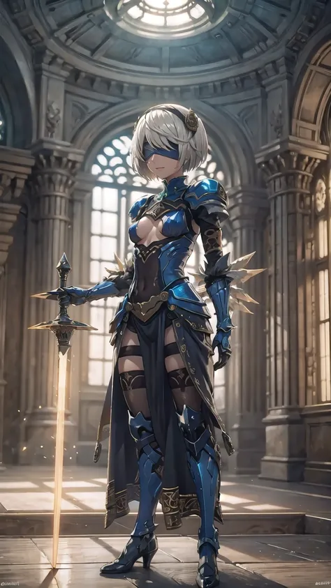 Make a kitbash of Lenneth from Valkyrie profile and 2B from Nier: Automata, combine 2B and Lenneth, solo, 1girl, BREAK: ((bright sapphire blue mech4rmor)), (small boob window:1.3), thigh cutout, long skirt, (blindfold:1.27), wings, BREAK: standing contrapp...