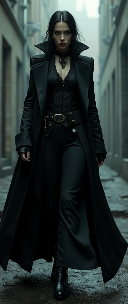  a female vampire killer dark, late nineteenth century suit, and either a long duster style / Sherlockian coat with a mantle, or coat with long cape that covers the shoulders.