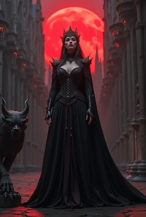 The image features a stunningly detailed 8k RTX photorealistic cinematic shot of a beautiful, voluptuous sexy queen of the Gothics standing proudly in front of a high Gothic cathedral. By her side, a menacing gargoyle looms, adding to the dark and mysterio...