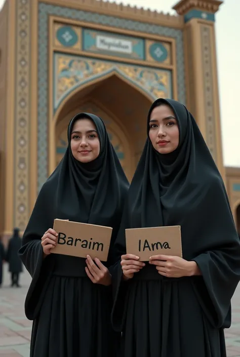 (photorealism:1.2), women standing Infront of imam hussain shrine wearing black iraani chaadar and bill board in the left hand with name on it Farwa
