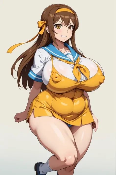 One Woman,Precise five fingers、Two long, accurate legs、Long Hair、Knee-high socks、Wide Hips、plump and thick thighs、Huge Ass、Huge breasts, Embarrassed look、Full Body Shot、Sexy pose、panties、White background、 Oily, shiny skin,woman、Suzumiya haruhiの憂鬱_Suzumiya ...