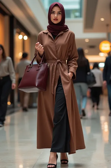 Photography of an Indonesian Arab Muslim woman, very beautiful, symmetrical face, glossy reddish lips, wearing a maroon batik motif hijab, long brown tunic, black leggings, high heel sandals, maroon leather tote bag walking at the mall