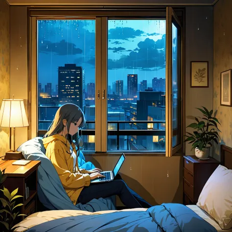 The scene is set in a small, warmly lit room on a rainy day, with raindrops tapping softly against the window. A person is comfortably seated under a blanket, with a laptop on their lap, watching anime. The room is softly illuminated by a warm lamp, and th...