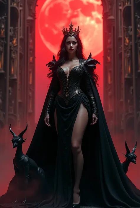 The image features a stunningly detailed 8k RTX photorealistic cinematic shot of a beautiful, voluptuous sexy queen of the Gothics standing proudly in front of a high Gothic cathedral. By her side, a menacing gargoyle looms, adding to the dark and mysterio...