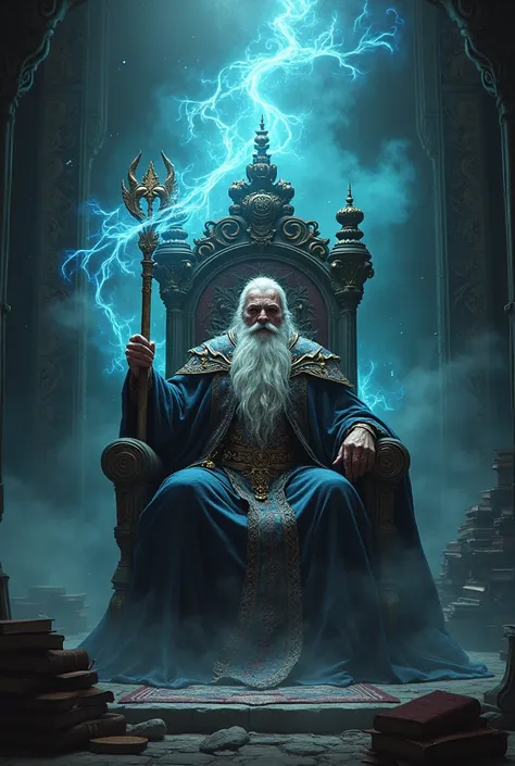 A wizard from the game mu online on a throne and around him many dark spirits