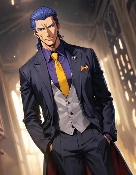 1man, solid mature male, masculine president, forestolive hair, spiked slicked back, darkblue eyes, businessman hairstyle, BREAK dignified playboy, toned japanese, ideal ratio body proportions, broad face, high cheekbones, BREAK violet formal jacket, purpl...