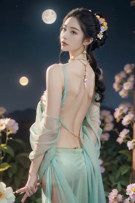 (((best quality))),(((ultra detailed))),(((masterpiece))),illustration,((1 beautiful girl,solo)),(neat chignon:1.2),((earrings,crystal necklace)),((slim,thin)),((bare back,towering hips,butt crack)),(stockings:1.3),(a moon in the clear night sky as the bac...