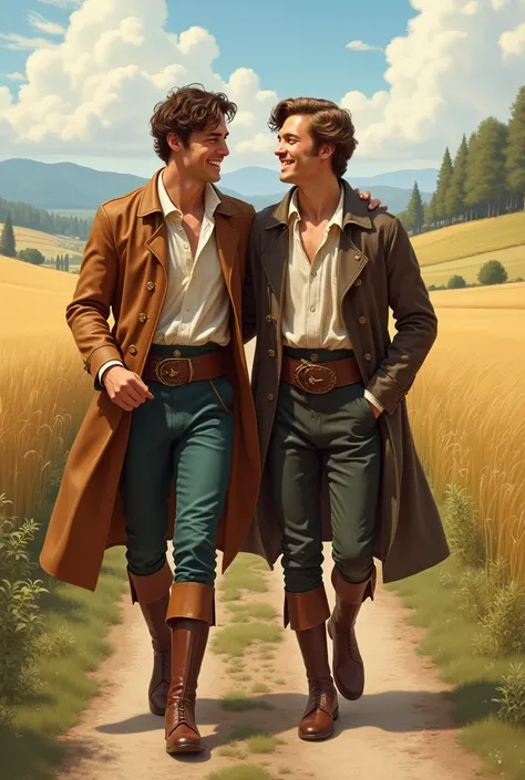 Two handsome young men are walking down a road between fields, laughing.  They are wearing old clothes. Their clothes are like those of the royal days.