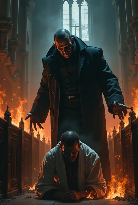 Draw a person who is a complete psychopath in front of this man, put a religious man completely terrified, in a church that has terrifying characteristics, and includes some fire details around it and a title that says Burning the Past