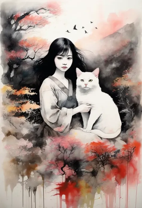 painting of a beautiful girl holding a cat、filled with love for cats、愛情deep、chaos、(ink drawing on japanese paper, landscape pain...