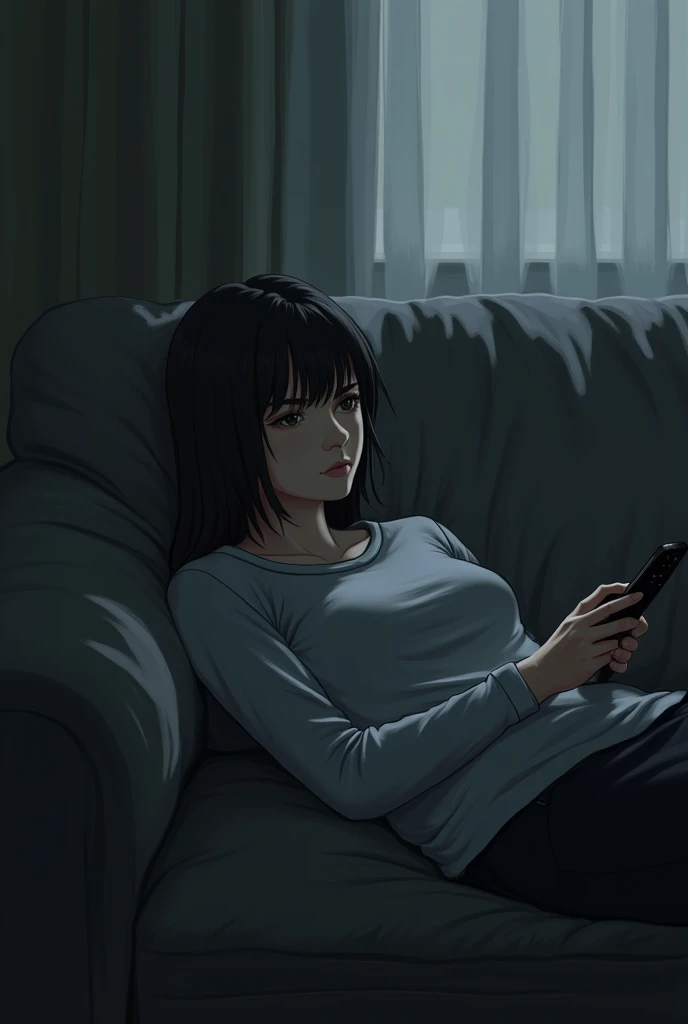 Image: Lying on the couch, looking lost, holding a remote but not using it.
