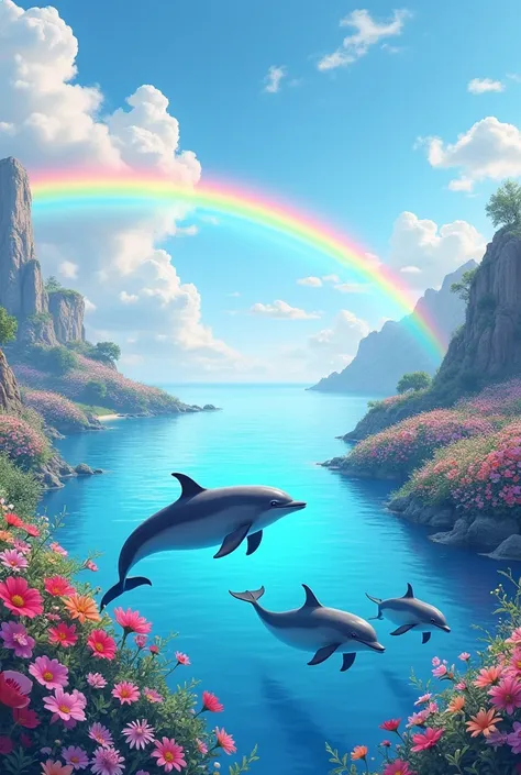 dolphins swimming, mar, flowers, rainbows