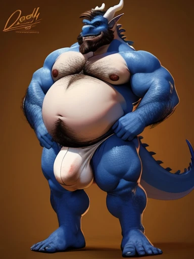 Male, solo, dad bod, huge gut, no shirt, white stained underwear, anthropomorphic dragon, bushy beard, extreme body hair, blue scales, massive bulge