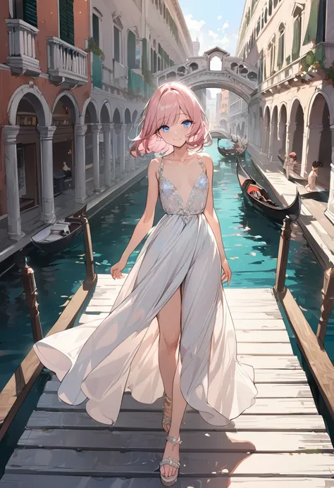 A girl with long light pink hair and blue eyes, smiling, wearing a luxurious dress and sandals, walking across the Rialto Bridge in Italy. The scene captures the iconic beauty of Venice, with the girl gracefully strolling on the historic bridge, surrounded...