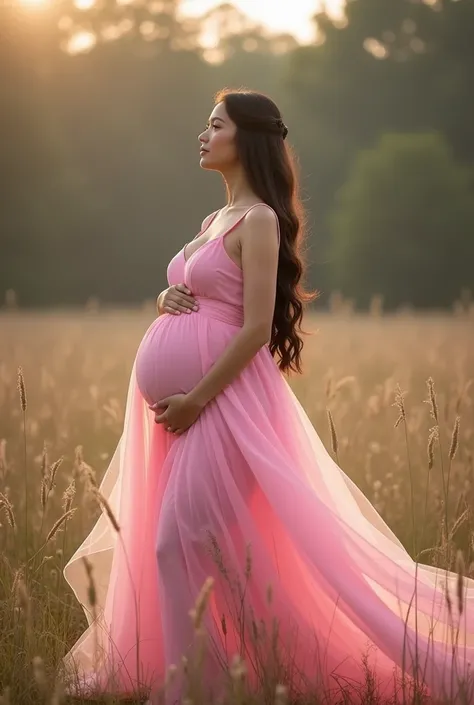 Second dimension beauty pregnant woman wallpaper, fully dressed in pink dress, outside in nature