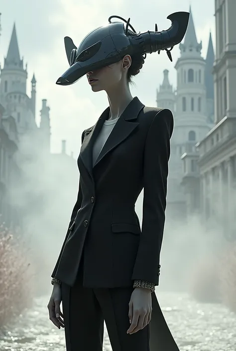 Man in a surrealism suit from Schiaparelli Haute Couture 2023 all in black white color, beautiful background