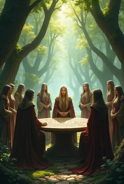 kingdoms of elven wizards in the middle of the forests , with her alpha mage elder right in the center of her warrior mages around a table