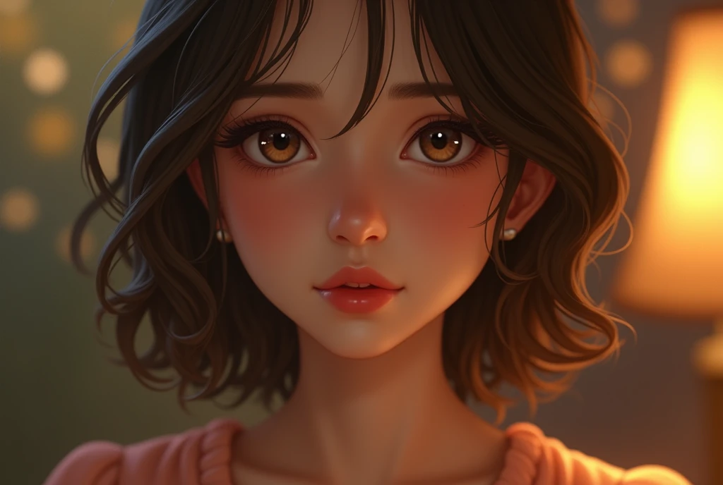 a realistic and emotive portrait of a young woman with soft, wavy brown hair that frames her face delicately. The lighting is warm and golden, casting a gentle glow on her skin and highlighting her striking amber eyes. Her expression is tender and introspe...