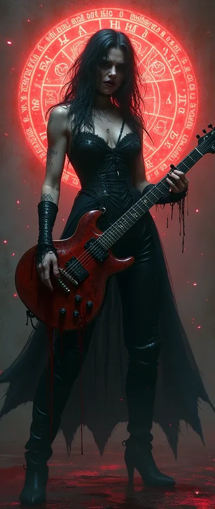  a  buff tall emo pale vampire gothic woman evil smug snarling shredding  bloody guitar glowing hex circle magic infusion design behind her  , depicting occult themes, 