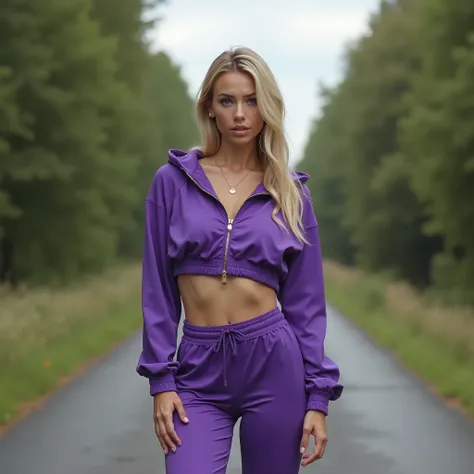 hyperealistic photo A full body shot of a beautiful blonde woman wearing a violet tracksuit, including a cropped hoodie with golden necklace and sweatpants, paired with white sneakers. She is posing for a photo in front of a Country road . Realistic, detai...