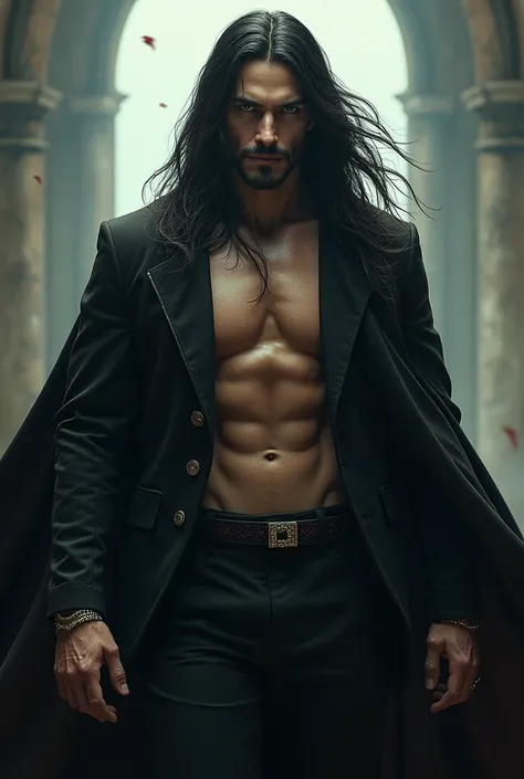 (photorealism:1.2), handsome, vampire, long hair, power, fantasy mucles ,blood