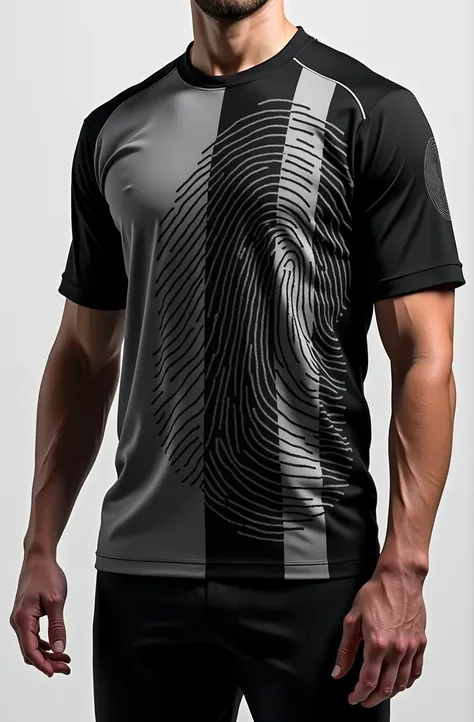 Jersey designs of forensic and in black and grey stripes with fingerprint on it