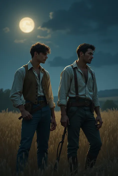 Two handsome young men dressed in the old clothes of literary days work in the fields at night and their clothes are soaked with sweat.