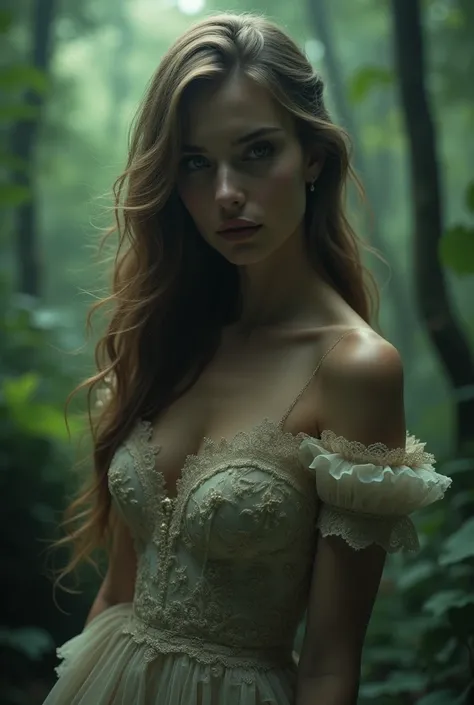 a beautiful shemale with long flowing hair, stunning eyes, full lips, delicate facial features, elegant pose, wearing an intricate lace dress, in a magical forest setting, dramatic lighting, (best quality,8k,highres,masterpiece:1.2),ultra-detailed,(realist...