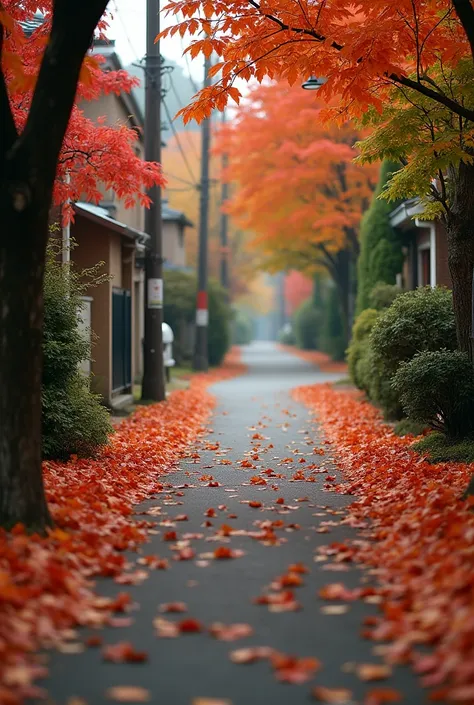 Photo of fallen leaves on a street in Japan in autumn.