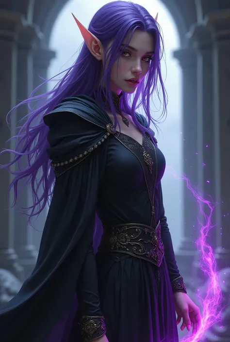 I want a MALE RPG Character like Dungeons and Dragons. His appearance has to be a FEMBOY elf using his dark powers of black or purple color like Syndra&#39;s from the game League of Legends 