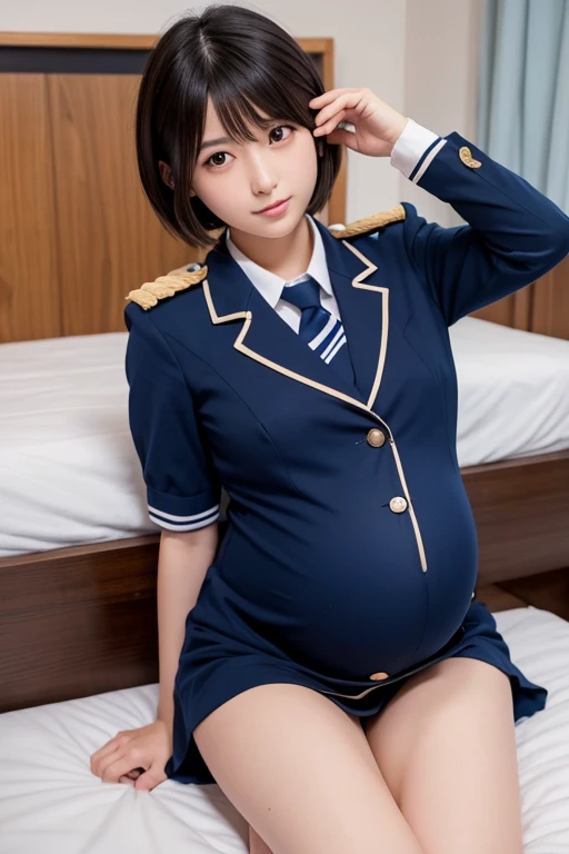 Pregnant short-haired Japanese high school girl in uniform lying in bed　Highest quality　8K small bust　Thin legs　Thin thighs　
