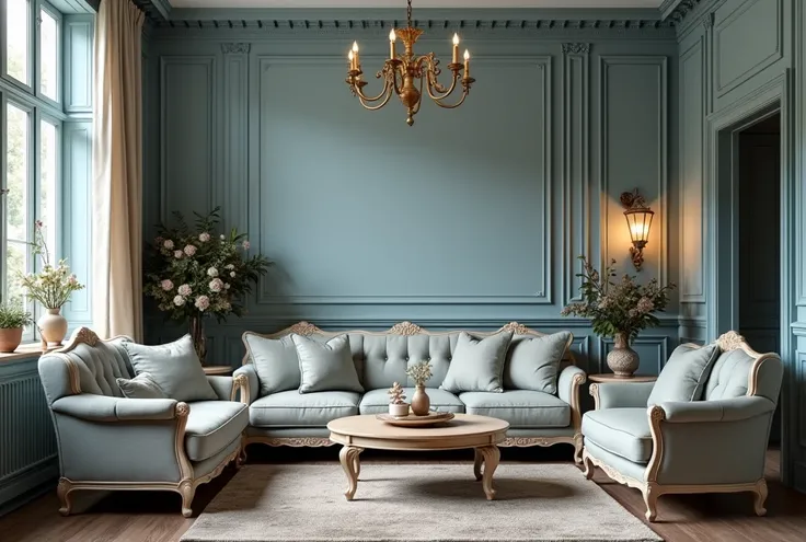 vintage style living room photography background, gray and blue