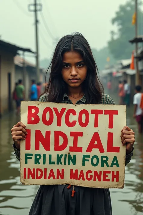 Give me an image which written Boycott Indian Products banner  with girl.
Reason Bangladesh flood.