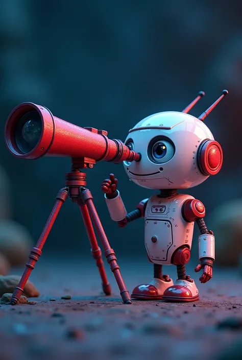 I want a cute 3D robot looking through a red and dark blue telescope