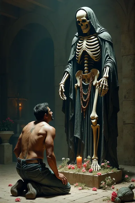 Man kneeling in front of Santa Muerte 
