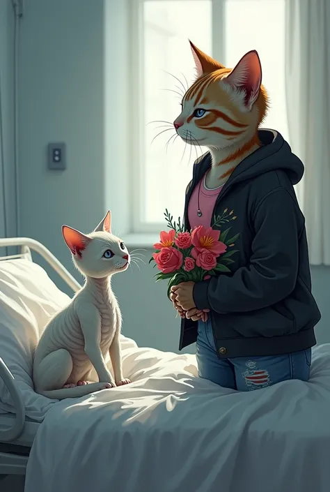 A white bony cat dressed in pink top and blue jeans on hospital bed looks with hope on a yellow cat dressed in tattered black hoodie and black jeans with bouquet in hands