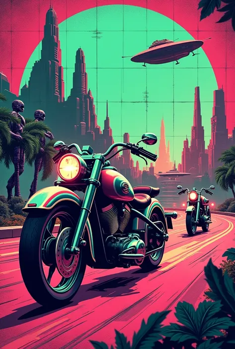 "A retro t-shirt design featuring 1940s shopper motorbikes driving through a futuristic landscape with robots watching the action. The design uses neon colors like pink and green, with a grid background and a worn texture."