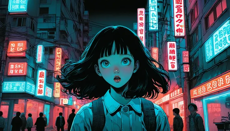 An illustration、art、Supervised by Junji Ito、Overaction、Overreaction、Pretending to be scared、Attention to detail, Realistic shadows、Analog Style, chromatic aberration, Surrealism、Neon Town