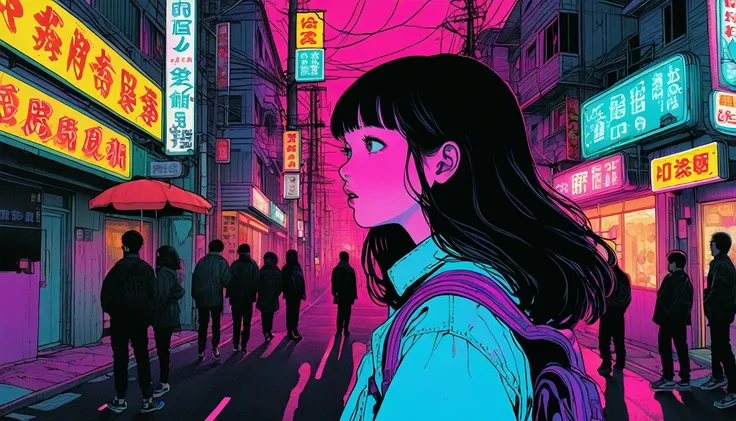 An illustration、art、Supervised by Junji Ito、Overaction、Overreaction、Pretending to be scared、Attention to detail, Realistic shadows、Analog Style, chromatic aberration, Surrealism、Neon Town