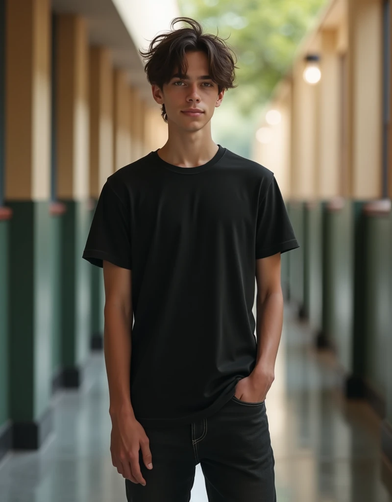 ((best quality)), ((hyper-realistic)), ((masterpiece)), (detailed), (3/4 body visable), (standing), 19-years old male, plain black t-shirt, black jeans, messy long haircut, brown eyes, school hallway, friendly pose, skinny,